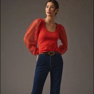 Anthropologie Maeve Burnt Orange Lace Sleeve Top, XXS